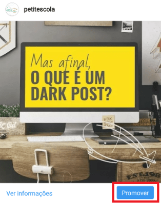 Imagem exibindo um post em um perfil de Instagram e no canto inferior direito o botão de Promover.