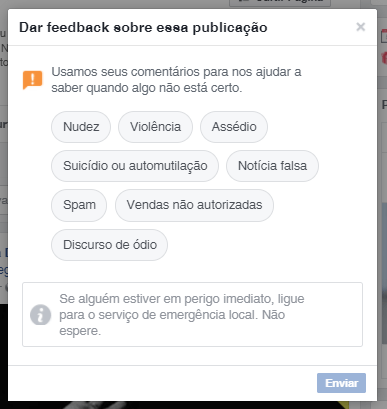 Tela apresentando o recurso de dar feedback à publicação no Facebook